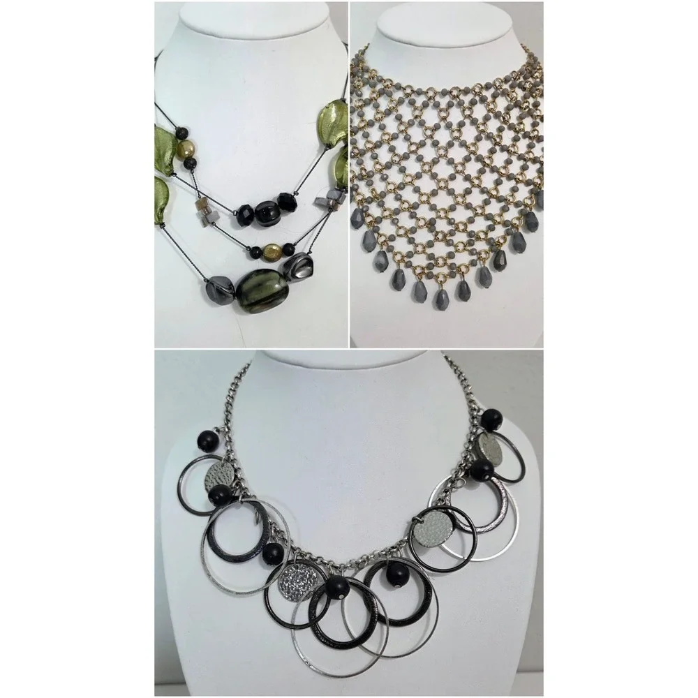 Fashion Necklace Lot – 3 Beaded‎ Necklaces Netted Chain Link Bib Multi-strand